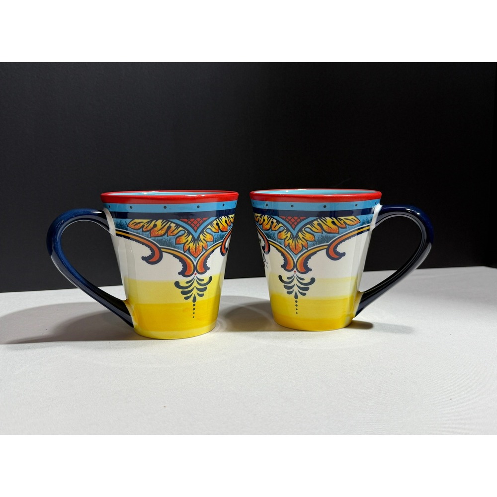 Euro Ceramica Zanzibar Coffee Mugs Set of 2 Spanish Floral Ceramic Blue Yellow